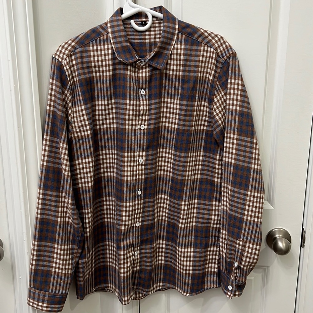 Men’s Plaid Flannel Button-Up Shirt Relaxed Size L 24.5” Length 20” Pit-to-Pit